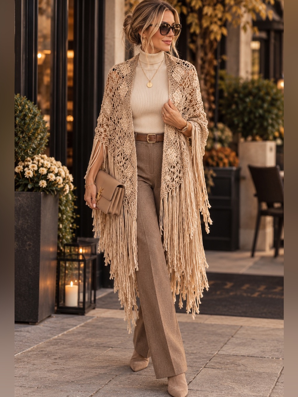 Handwoven Macramé Fringe Open Front Kimono Shawl Wrap